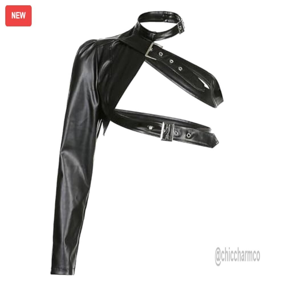 One Shoulder Motorcycle Leather Jacket Halter Buckle Chic Nightout Party Tops - Picture 5 of 6